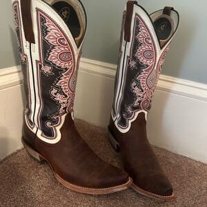 Women’s Ariat Brown Leather Western Boots with Pink & White Embroidered Shaft